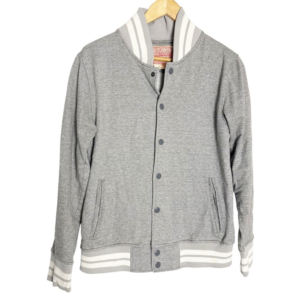Brooklyn Cloth Gray White Striped Snap Front Long Sleeve Varsity Jacket Size S